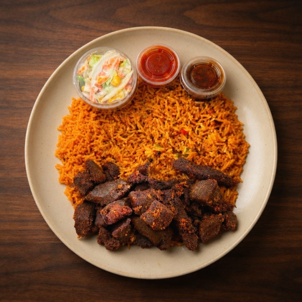 Jollof Rice with Pan-Fried Beef Stir-Fry