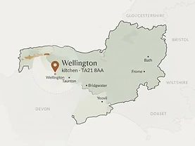 Map of Somerset showing the Wellington kitchen, marked near the Devon border