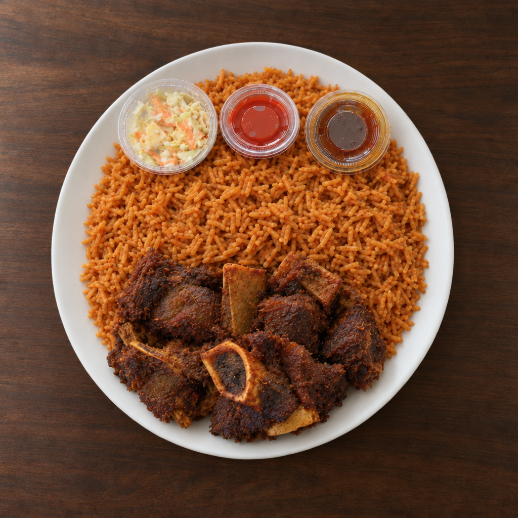 Jollof Rice with Pan-Fried Goat & Beef