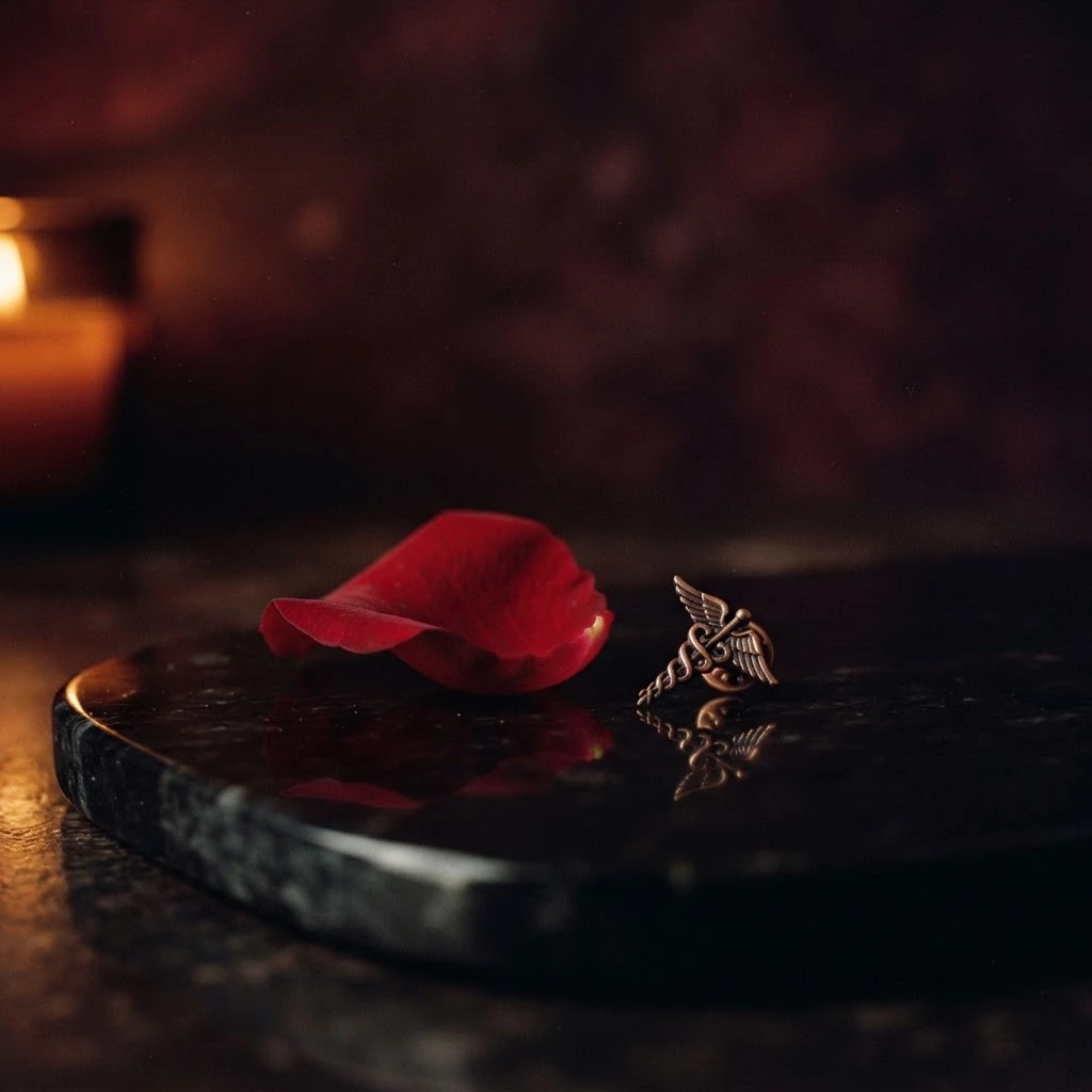 A red rose petal reflected on polished obsidian