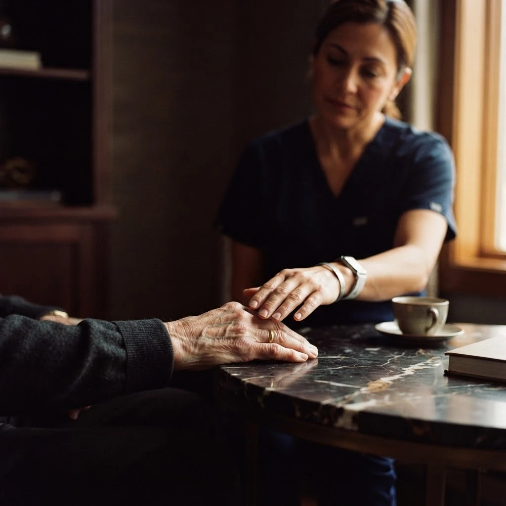 A caregiver's hand reaching toward an older adult's hand