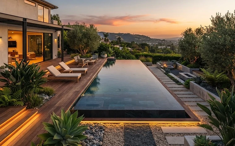 Visuel avant/après d'un jardin redessiné en style contemporain par l'assistant virtuel