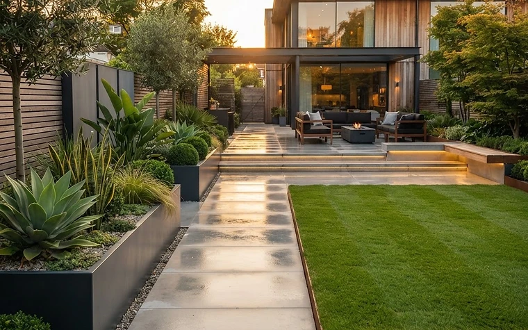 Jardin transformé en style contemporain : lignes géométriques, béton poli et plantes architecturales