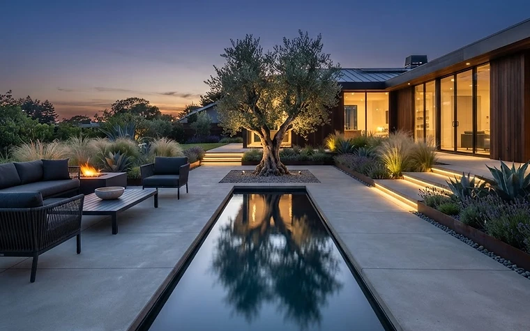 Aménagement de jardin par IA — proposition contemporaine avec terrasse et végétaux structurés