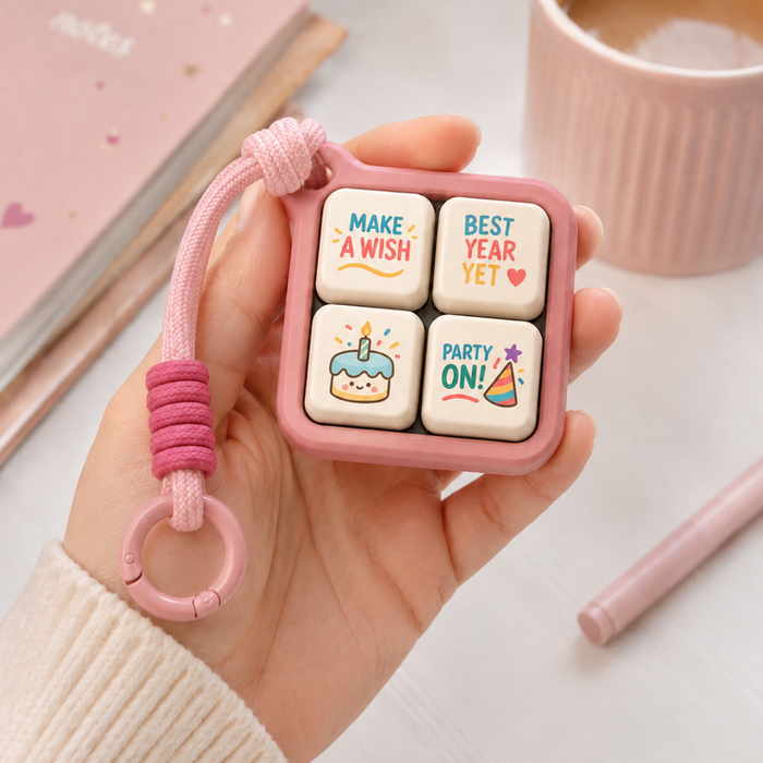 Birthday Wishes 2×2 Clicker held in hand with pink stationery
