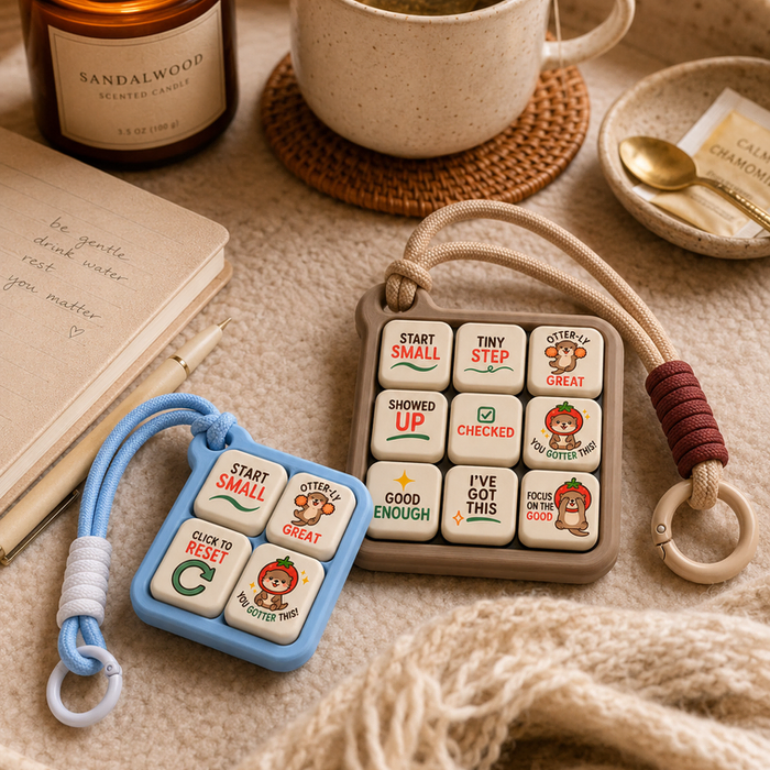 Tiny Wins Clicker with candle and tea cozy flatlay