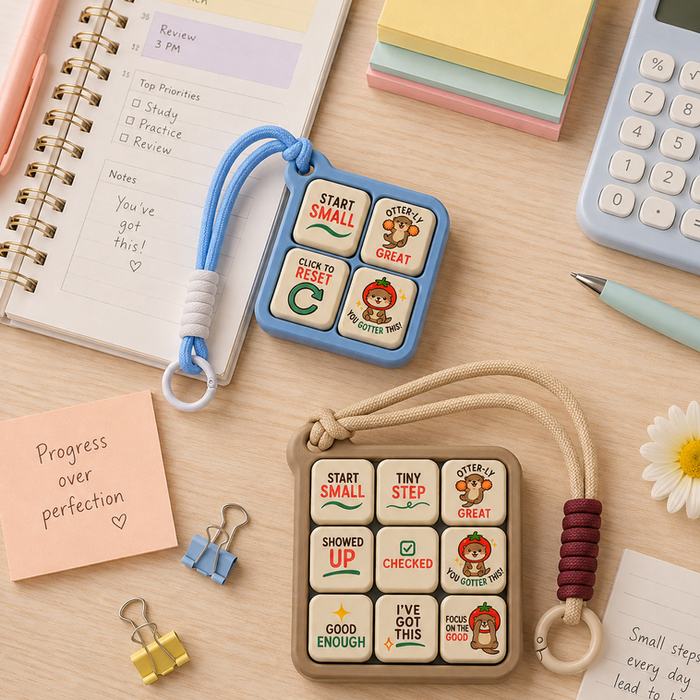 Tiny Wins Clicker in hand on a desk next to notebook
