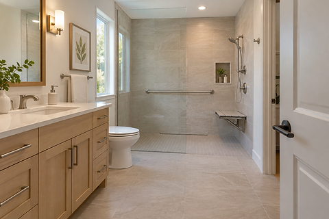 Remodeled accessible bathroom with a curbless walk-in shower, frameless glass panel, wall-mounted grab bar, fold-down teak shower bench, hand-held shower on a slide bar and a light wood vanity