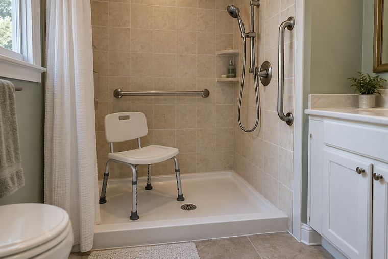 Walk-in shower with tan tile, a horizontal grab bar and a vertical grab bar, a handheld shower on a slide bar, and a white shower chair inside a low-profile shower pan