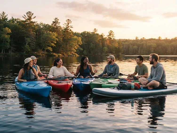 A group of paddlers gathered together on a calm lake at golden hour