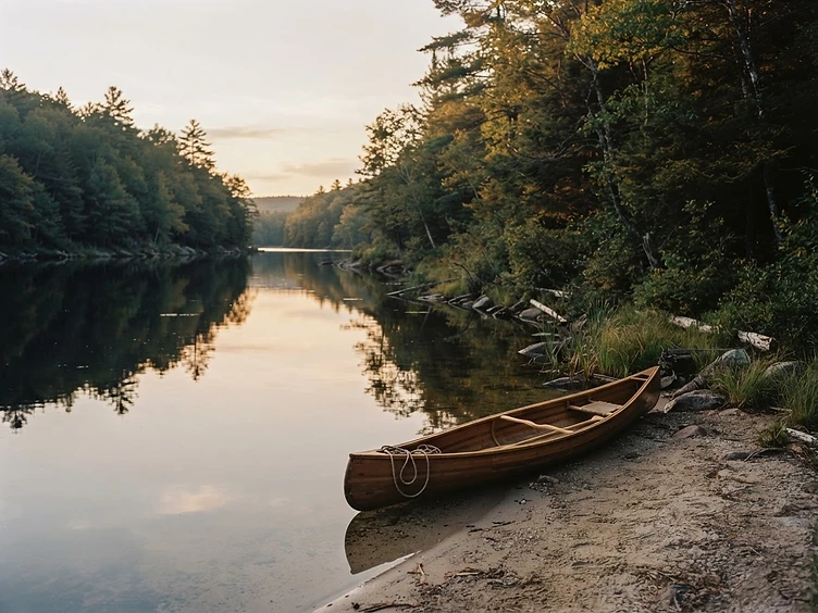 A peaceful wooded shoreline of a quiet cove at golden hour