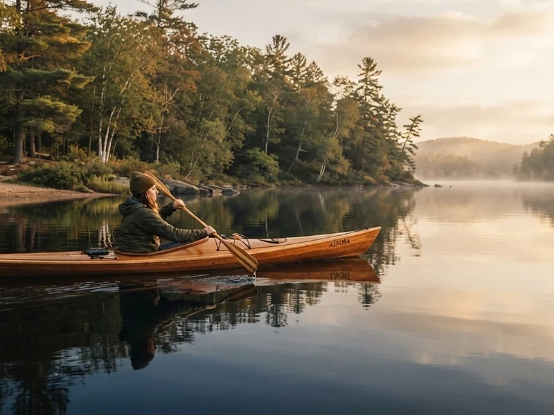 A lone paddler gliding across a calm cove at golden hour