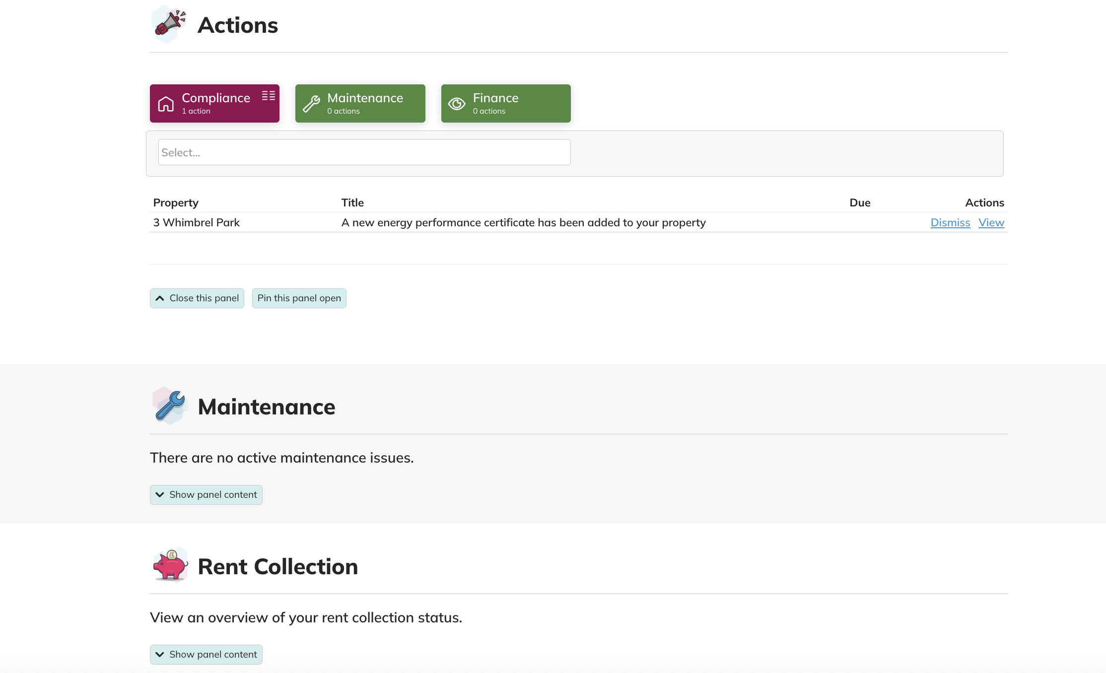 Owner Dashboard panels showing compliance actions, maintenance status and rent collection overview