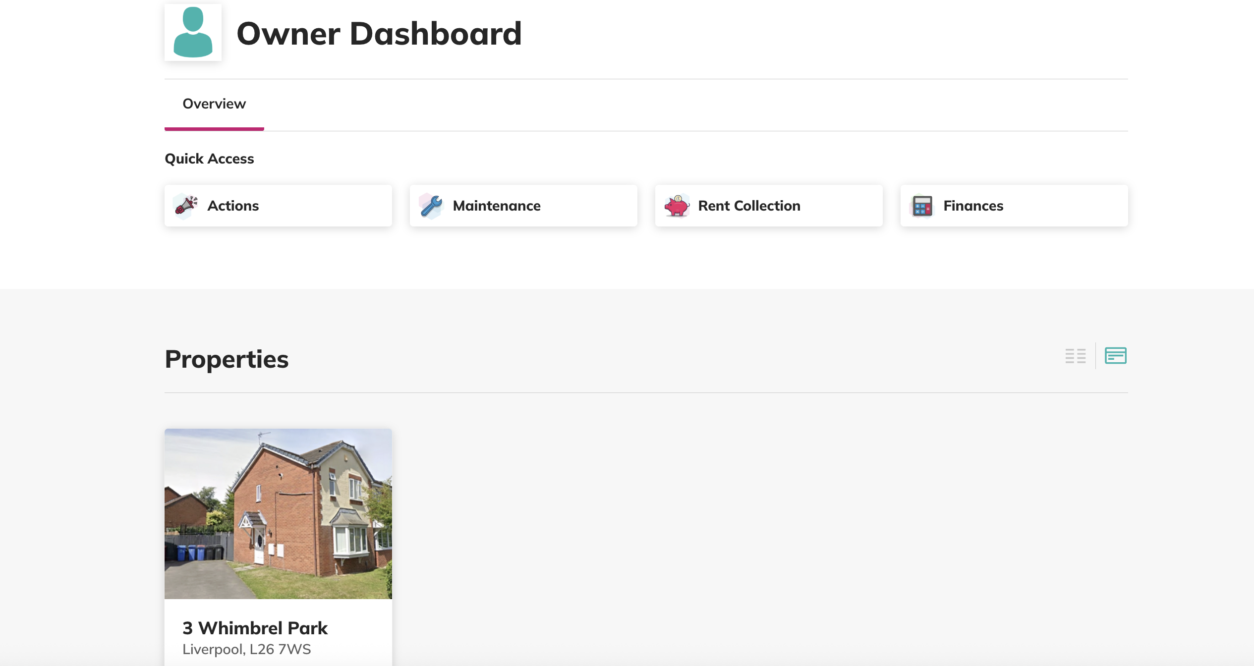 Owner Dashboard overview with quick access to actions, maintenance, rent collection and finances