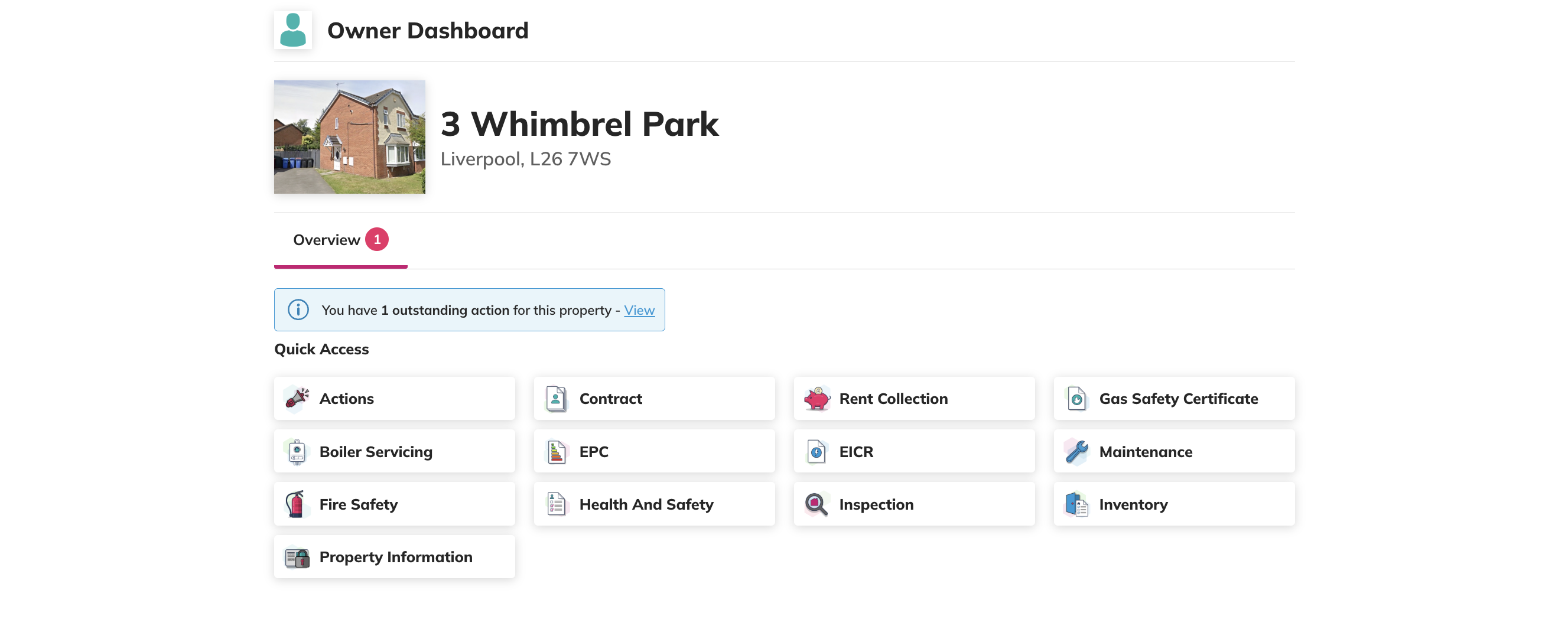 Owner Dashboard property detail with gas safety, EPC, EICR, fire safety and inspection records