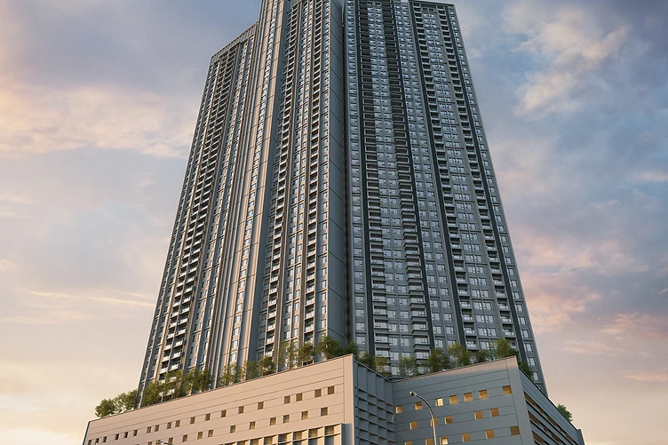 The LightHauz Penang by EXSIM tower facade with champagne-gold detailing at golden hour