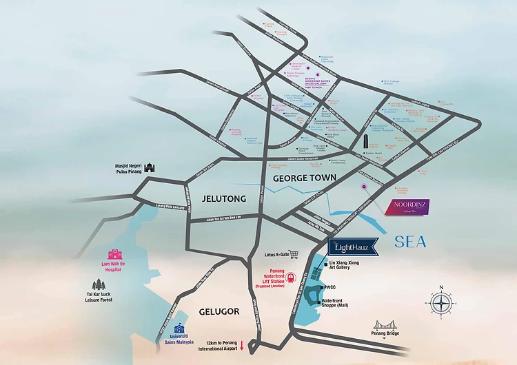 Lighthauz Penang location map showing Gelugor along Tun Dr Lim Chong Eu Highway near USM, Lam Wah Ee Hospital, Lotus E-Gate, Komtar and the proposed Penang Waterfront LRT station