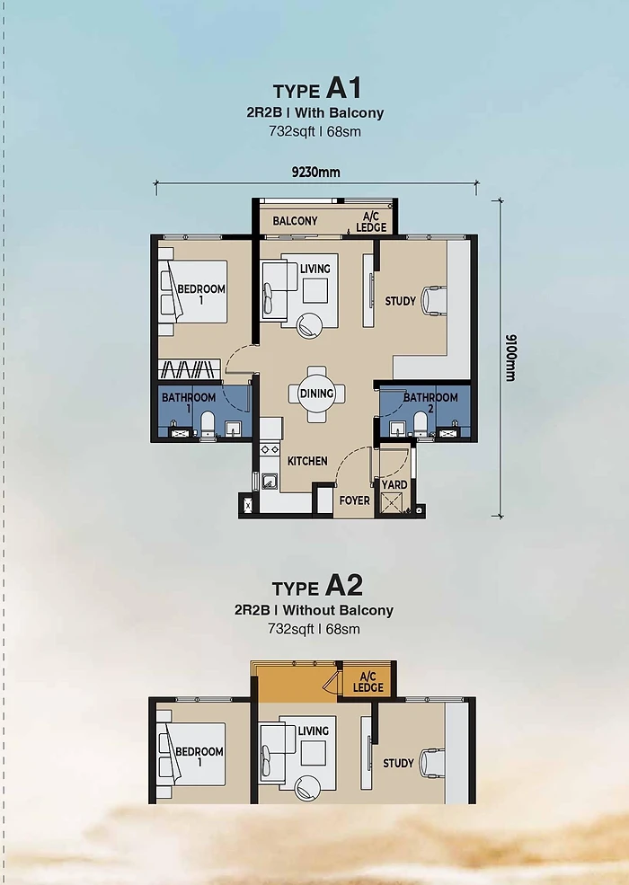 EXSIM LightHauz Penang Type A (A1 / A2) 732 sqft / 68 sqm floor plan — 2 rooms · 2 baths with balcony and A/C ledge variants