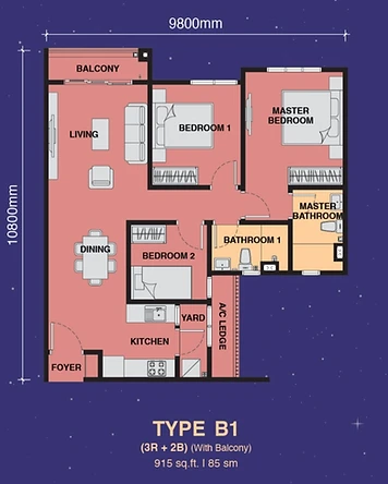 Type B1 floor plan — The Asteriaz JB (915 sq.ft. / 3 Bed + Balcony)