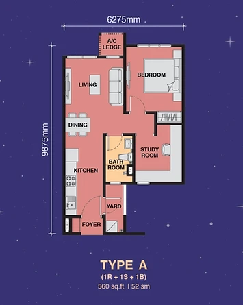Type A floor plan — The Asteriaz JB (560 sq.ft. / 1 Bed + 1 Study)