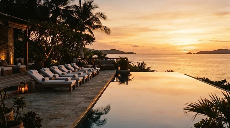 Luxury resort infinity pool terrace at golden hour