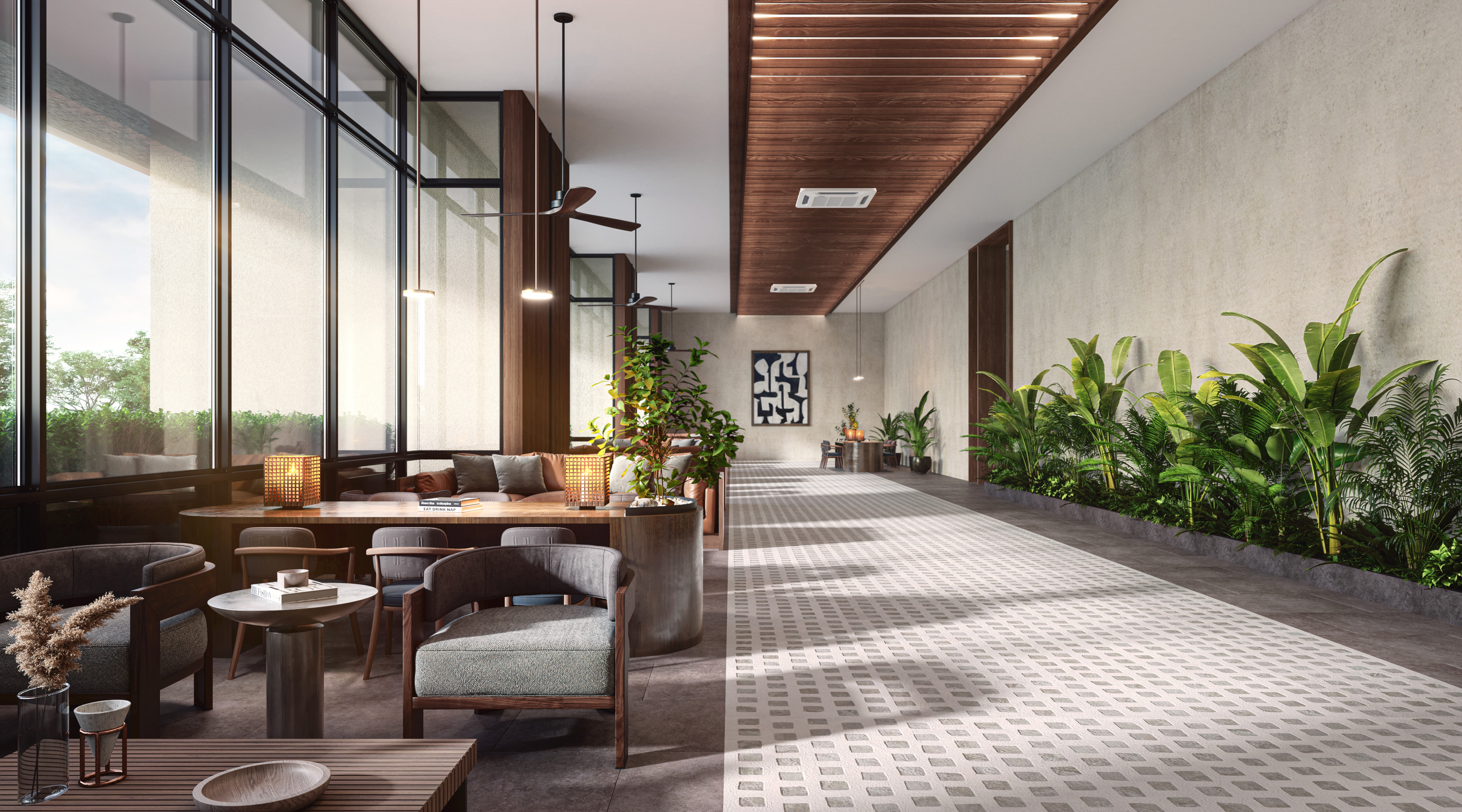 Arrival Lounge — Grand lobby corridor with limewashed feature wall and lush greenery.