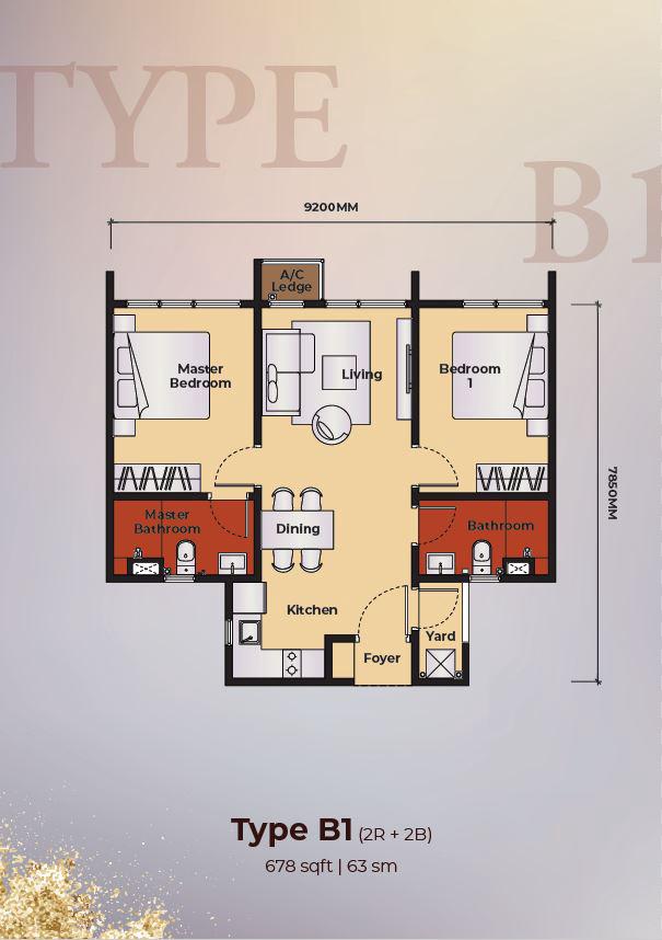 Type B1 floor plan of Kingswoodz Bukit Jalil by EXSIM — 678 sqft 2 bedroom 2 bath layout