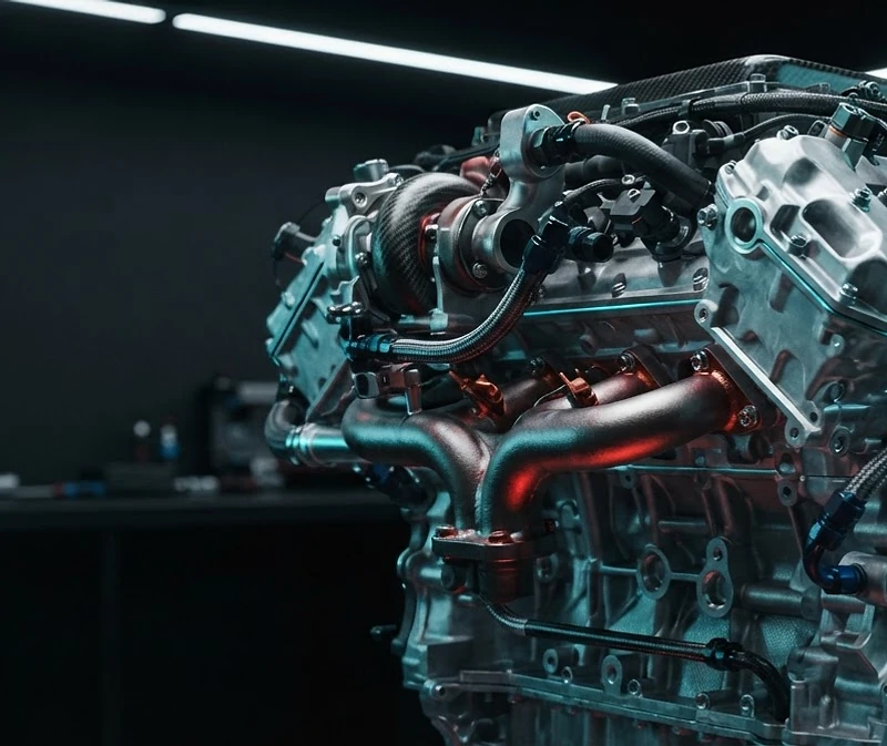 High-performance engine in a precision automotive workshop