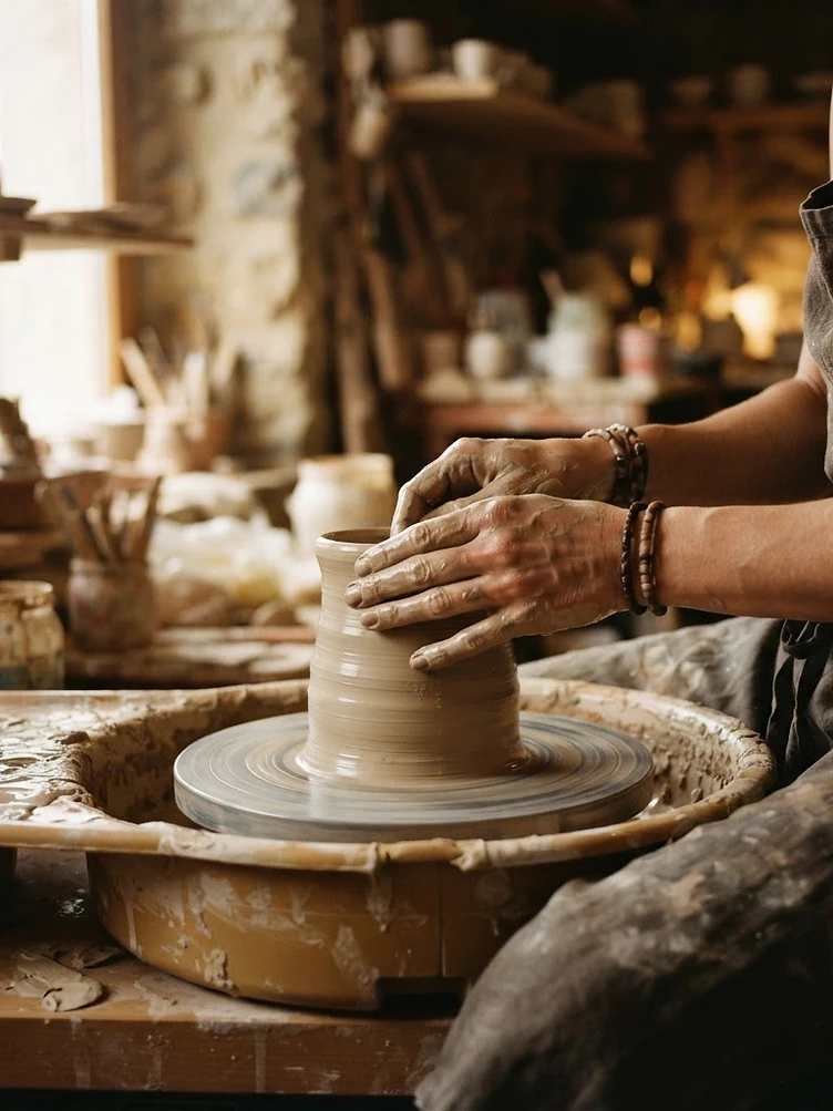 Hands shaping clay on a wheel