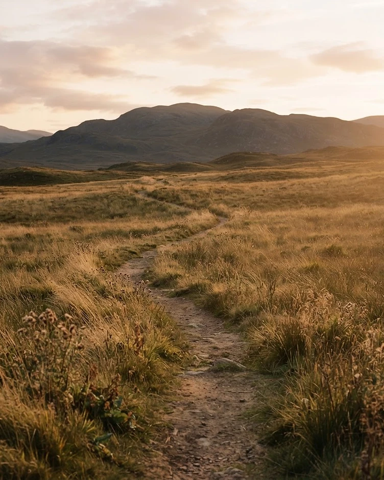 A clear path through golden grassland at dawn