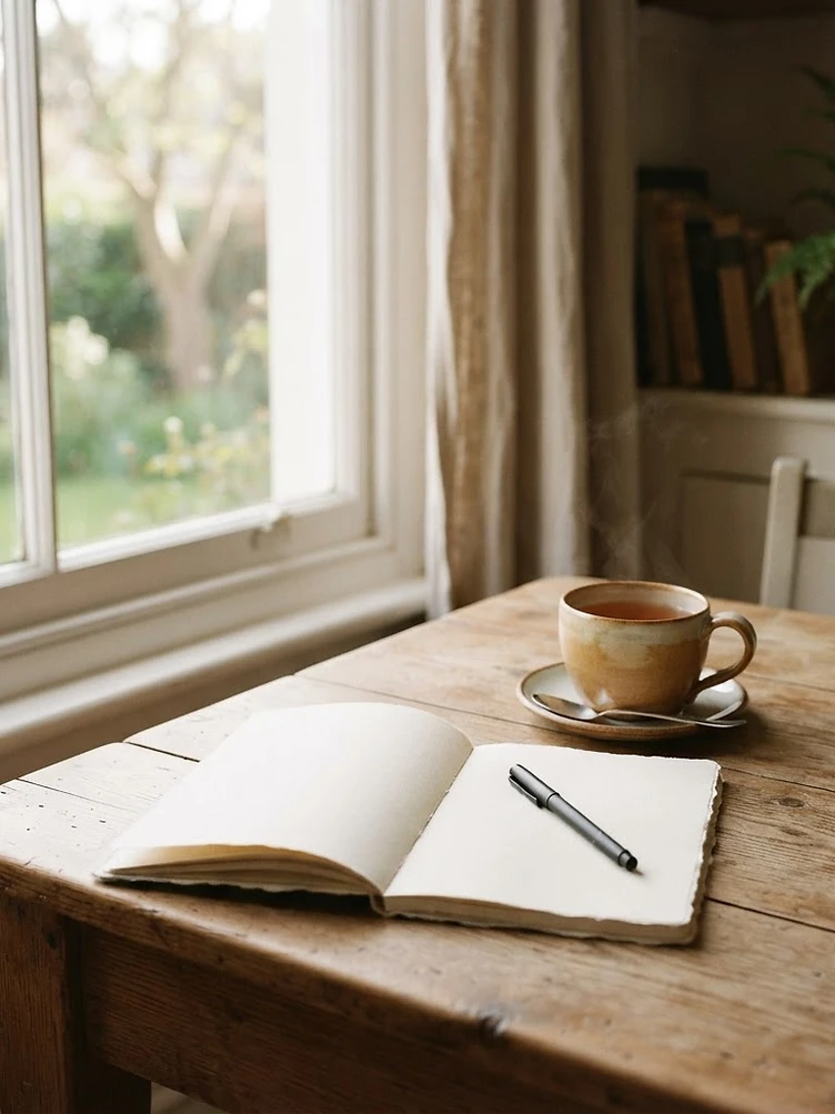 Morning light on a notebook and tea