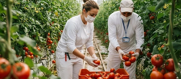Agricultural workers harvesting tomatoes in a greenhouse