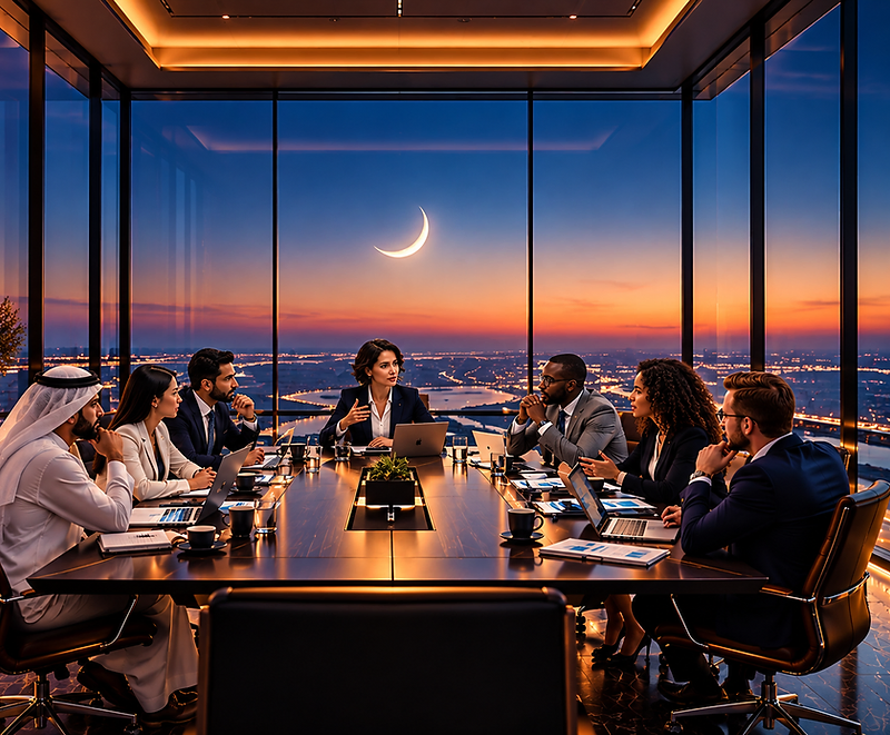 Senior executives confronting a complex strategic challenge in a boardroom at dusk