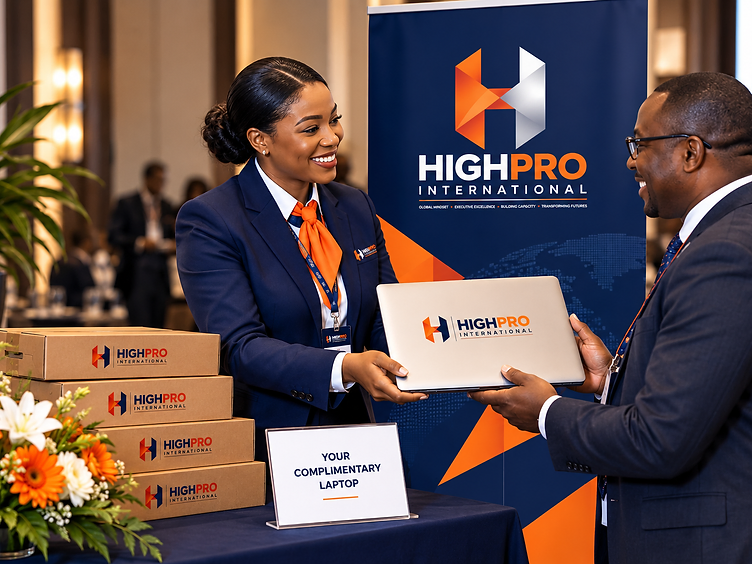 A Highpro executive in a branded navy suit hands over a brand new complimentary laptop to a delegate