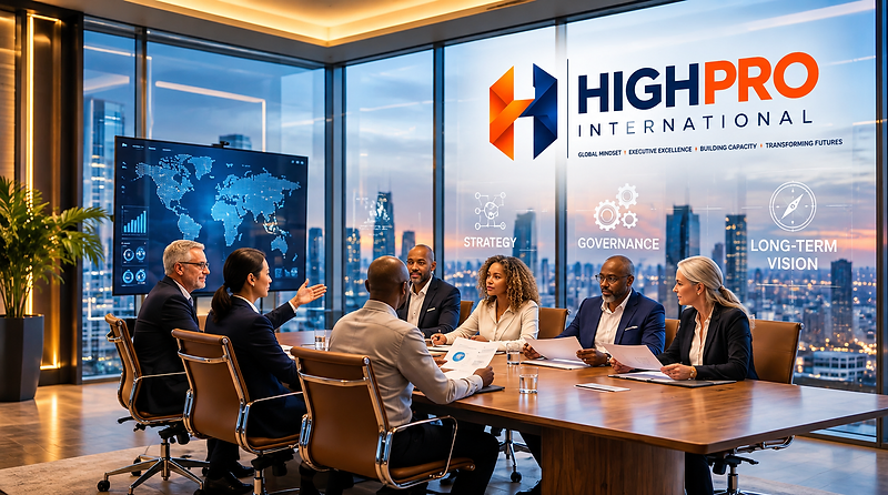 An executive board in a high-rise boardroom at dusk — institutional leadership looking forward