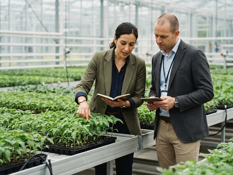 Agricultural experts inspecting plants in a greenhouse