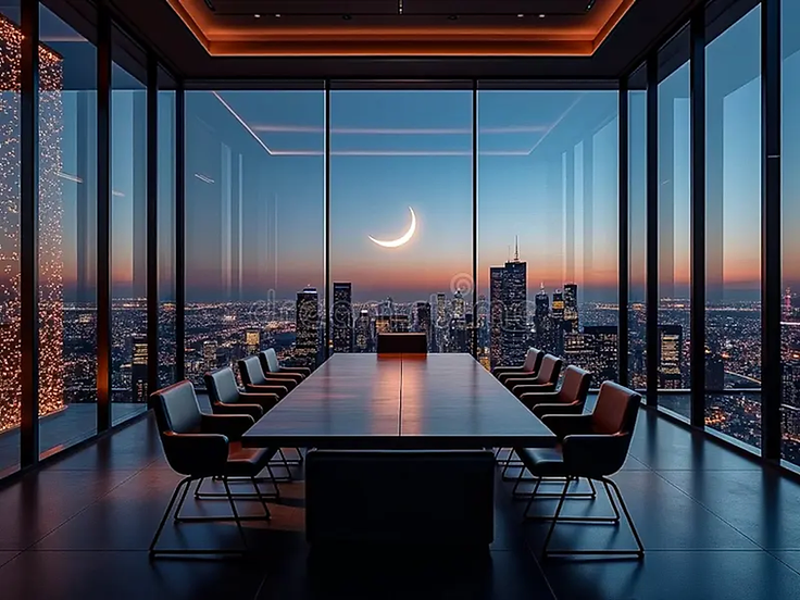 Institutional operations and systems — an executive boardroom overlooking a city at dusk