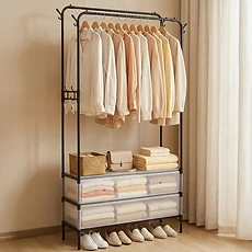 Portant à vêtements portable multifonction / penderie double barre avec meuble de rangement intégré
