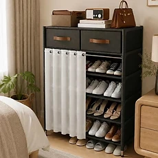Étagère, à chaussures anti-poussière avec rideau et tiroirs