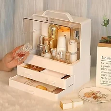 Boîte de rangement et organisateur pour cosmétiques et maquillage.