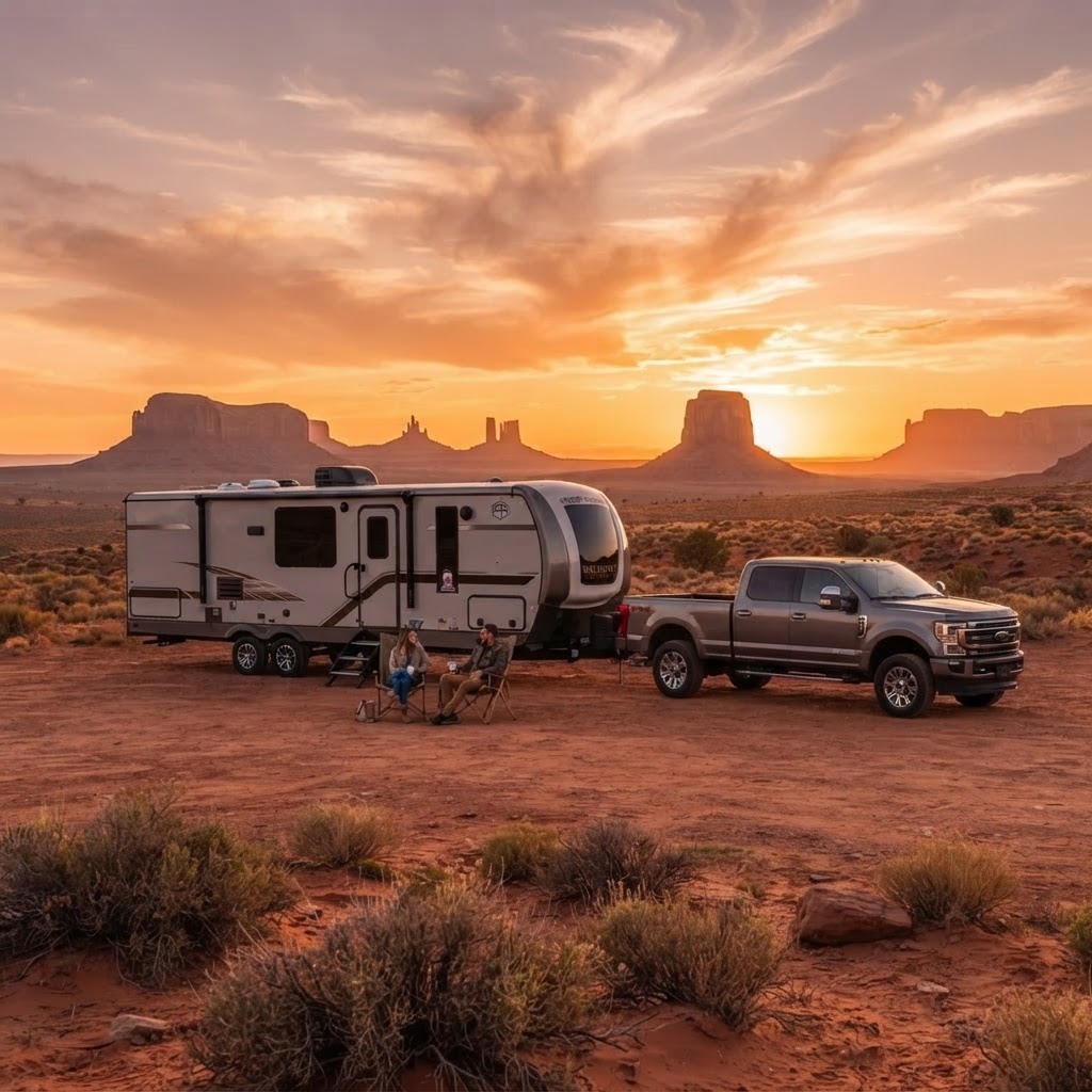 Desert Haus travel trailer in the Nevada desert at golden hour