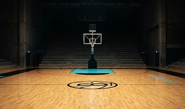 Quadra de basquete em piso de madeira de arena construída em empreendimento MRV pela JV Quadras