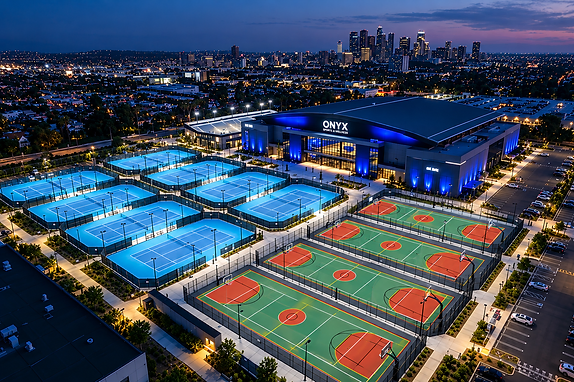 Vista aérea noturna do complexo esportivo Onyx Sports & Wellness com quadras de tênis azuis e quadras poliesportivas verdes e vermelhas — parceria Fast Tennis: Firmamos parceria com a Fast Tennis, referência em quadras de tênis, integrando 