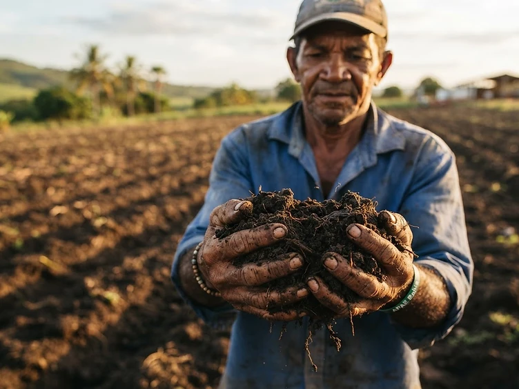Produtor segurando solo para análise na propriedade rural