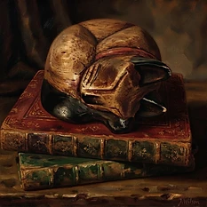 An oil painting of a wooden, sleeping fox sculpture resting on two stacked books, one red and one green. The style is classic, reminiscent of the Old Masters, with rich, textured brushstrokes, warm dramatic lighting, and deep shadows that highlight the wood grain and the texture of the books. The fox should have a highly realistic, tactile appearance, capturing the intricate details of its carved fur and the texture of the worn book covers.