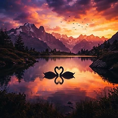 A magical sunset scene featuring towering, mystical mountains in the distance, bathed in vibrant orange and purple light, with birds soaring above, and two silhouetted swans on a calm reflective lake facing each other, their necks arching to form a perfect heart shape, in a vibrant and high-contrast artistic style.