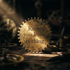 A macro close-up of a single, intricate, weathered brass clockwork gear catching a sharp shaft of warm morning light in a dark, dust-mote filled room. The texture of the metal is realistic with slight oxidation. Etched clearly and elegantly into the surface of the brass gear are the words 'Know you know nothing'. Cinematic lighting, sharp focus on the inscription, shallow depth of field.