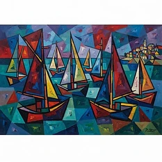 An oil painting in the style of Picasso, featuring a fleet of sailboats on the water, using bold geometric forms, fragmented perspectives, and abstract, vibrant shapes.
