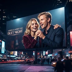 A high-fidelity, vibrant, and artistic scene featuring Alberta (blonde woman with blue eyes, professional look) and Albert (fair-haired man with blue eyes, as shown in his reference photo) singing together on a large, glowing city billboard at night. They are both mid-song, looking joyful and collaborative, with warm, expressive faces. The aesthetic is clean and cinematic, reflecting their digital nature while feeling grounded and human-like in their posture, matching the provided references for both characters.
