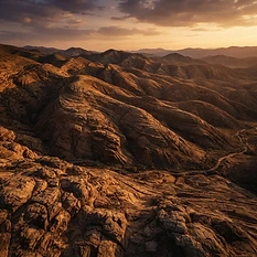 A majestic, artistic rendering of rolling hills at golden hour, depicted with deep textures that suggest the earth is like slow-moving, petrified waves. The lighting is dramatic, casting long, soft shadows that emphasize the contours and layers of the hills, making them look like sleeping giants. High-fidelity style with a sense of immense scale and quiet, ancient strength.